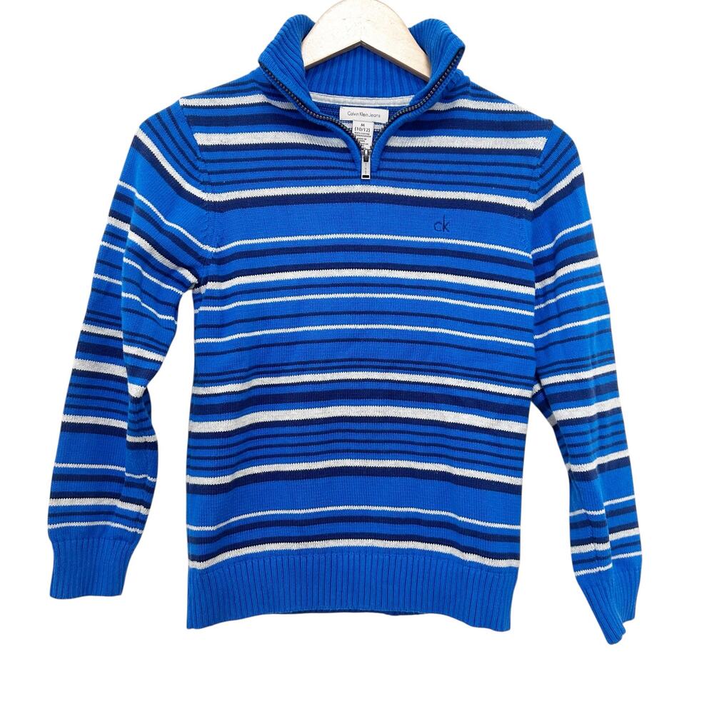Calvin Klein Jeans Blue Striped Quarter Zip Pullover Sweater Sz M 10-12